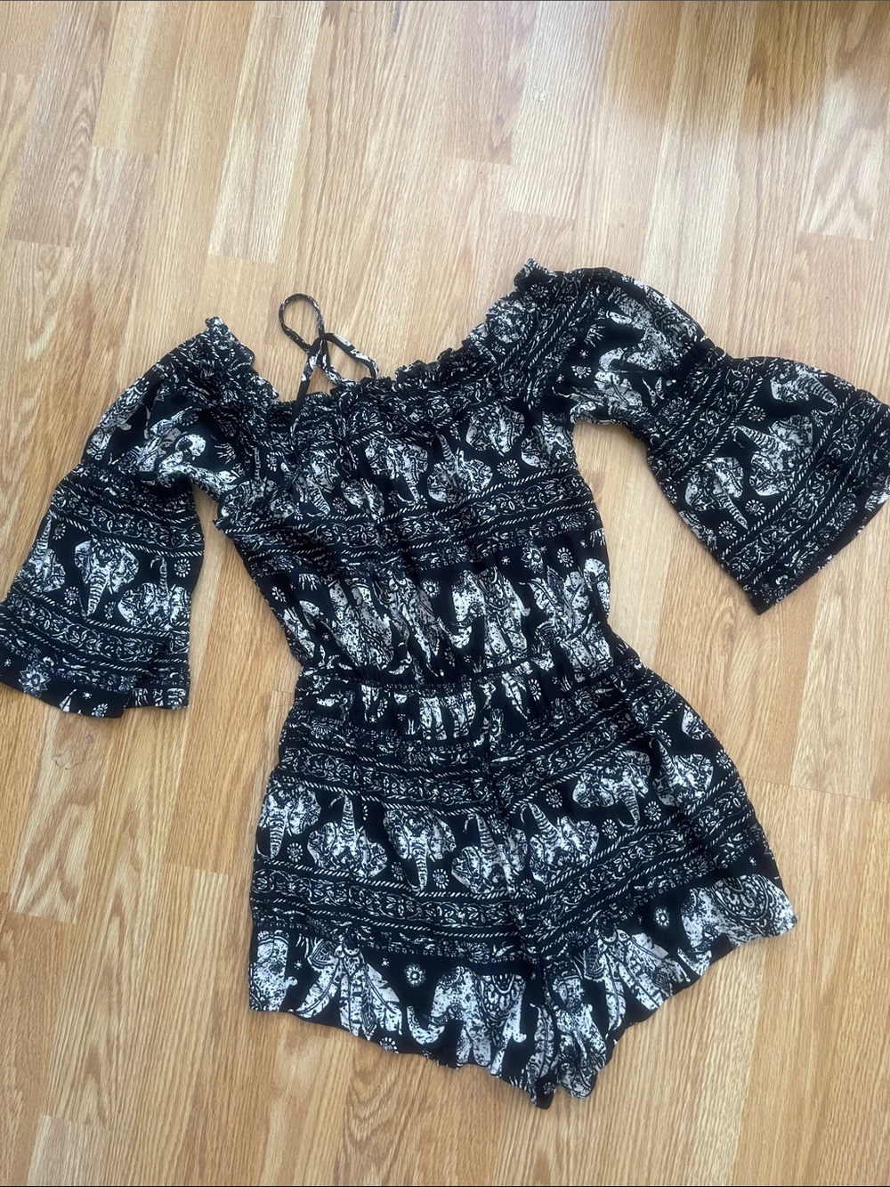 Black & White Elephant Print Off-Shoulder Romper